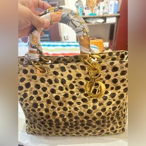 Christian Dior (vintage) Leopard Small Lady Dior 2-way Handbag Rattan Handles